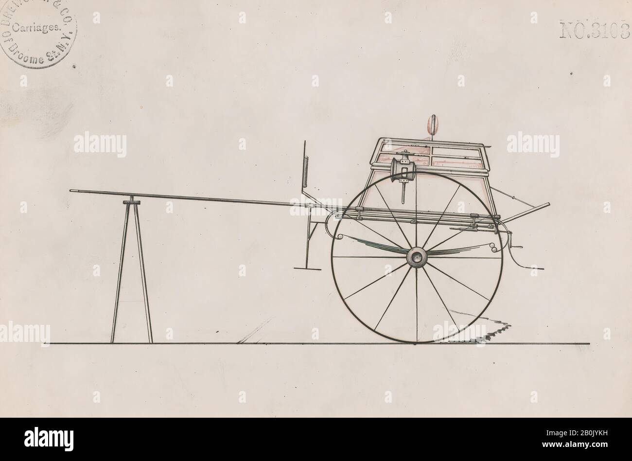 Brewster & Co., Design for Dog Cart o 2 Wheeler, no 3103, Brewster & Co. (American, New York), 1875, penna e inchiostro nero, acquerello e gouache con gomma arabica, foglio: 6 1/2 x 9 1/2 in. (16,5 x 24,1 cm), Disegni Foto Stock