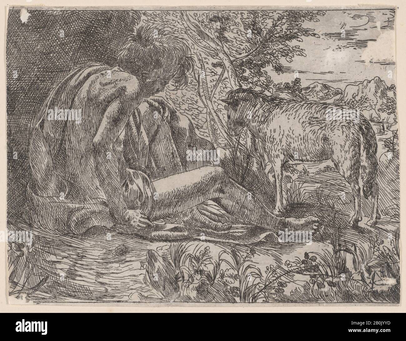 Giovanni Battista Caracciolo, San Giovanni Battista Con Agnello, Giovanni Battista Caracciolo (Napoli 1578–1635 Napoli), 1600–35, Incisione, Foglio (Rifilato): 4 7/16 × 5 13/16 In. (11,3 × 14,7 cm), stampe Foto Stock