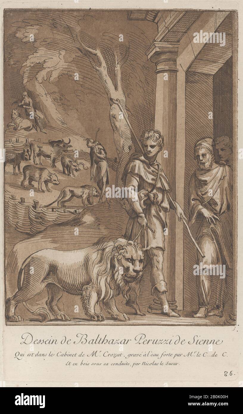 Anne Claude Philippe de Tubières, comte de Caylus, un pastore che tiene un leone su un guinzaglio in primo piano, nel mezzo terra il pastore sorge in un prato circondato da bestie selvatiche, sullo sfondo il pastore è seduto su una roccia con il leone al suo fianco; Da 'Recueil d'estampes d'après les Plus beaux tableaux et d'après les Plus beaux desseins qui sont en France, Cabinet Crozat' dopo un disegno di Baldassare Peruzzi, Anne Claude Philippe de Tubières, comte de Caylus (francese, Parigi 1692-1765), Nicolas le Sueur (francese, 1691-1764), Dopo Baldassare (italiano Tommaso Peruzzi Foto Stock