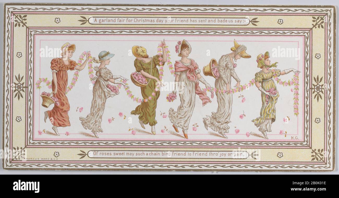 Kate Greenaway, Valentine, Kate Greenaway (Londra 1846–1901 Londra), 1881, cartoncino lucido bianco, con cromolithografia a colori e oro., larghezza: 6 1/4 poll. (15,9 cm), lunghezza: (7,9 cm Foto Stock