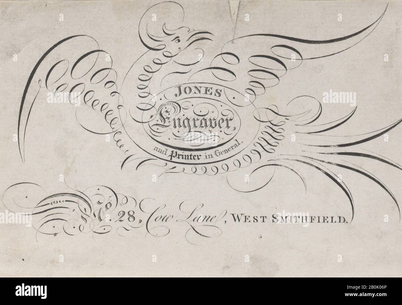 Anonimo, British, 19th secolo, Trade Card per Jones, Incisore e stampante, Anonimo, British, 19th secolo, 19th secolo, incisione, foglio: 3 9/16 × 5 3/16 in. (9 × 13,2 cm Foto Stock