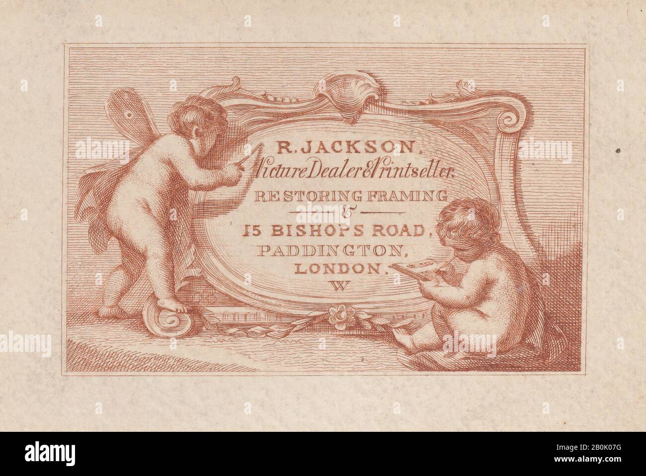 Anonimo, British, 19th secolo, Trade Card per Robert Jackson, Picture Dealer, Printseller, e Restorer, Anonimo, British, 19th secolo, 19th secolo, incisione con inchiostro rosso, foglio: 3 1/16 × 4 7/16 in. (7,7 × 11,3 cm Foto Stock