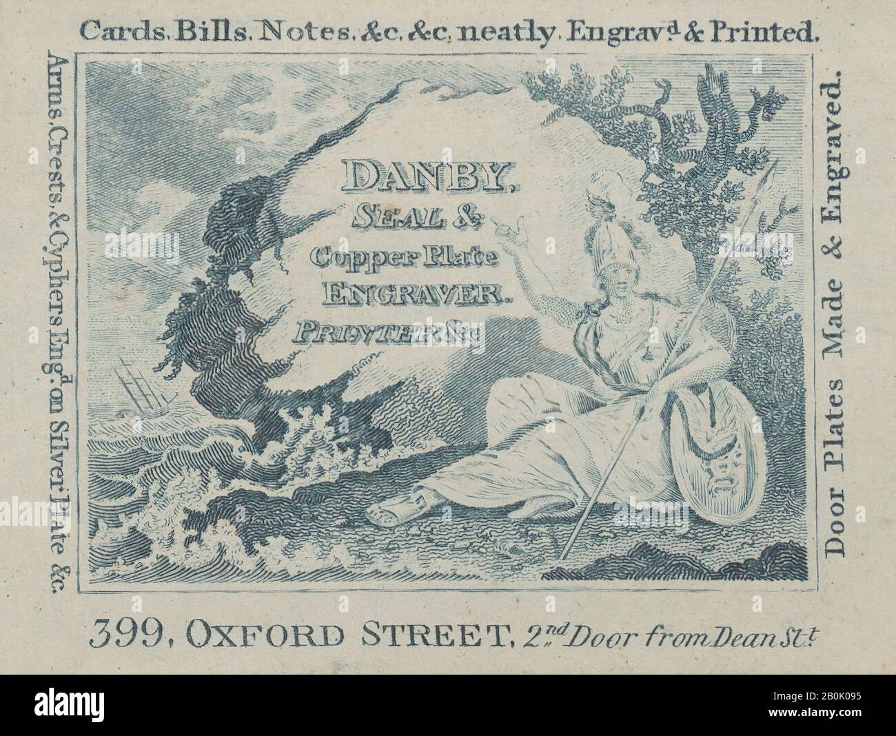 Anonimo, British, 19th secolo, Trade Card per Danby, stampante e Incisore, Anonymous, British, 19th secolo, 19th secolo, incisione, foglio: 2 3/16 in. × 3 poll. (5,6 × 7,6 cm Foto Stock