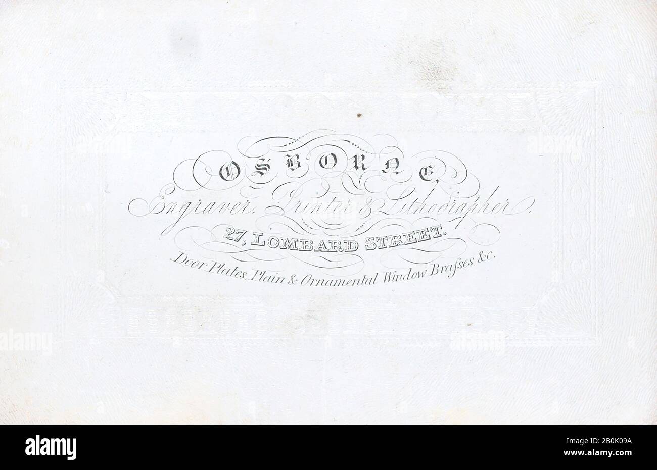 Anonimo, British, 19th secolo, Trade Card per Osborne, Incisore, stampante e Litografo, Anonymous, British, 19th secolo, 19th secolo, incisione, foglio: 2 3/8 - 3 9/16 in. (6,1 - 9,1 cm Foto Stock