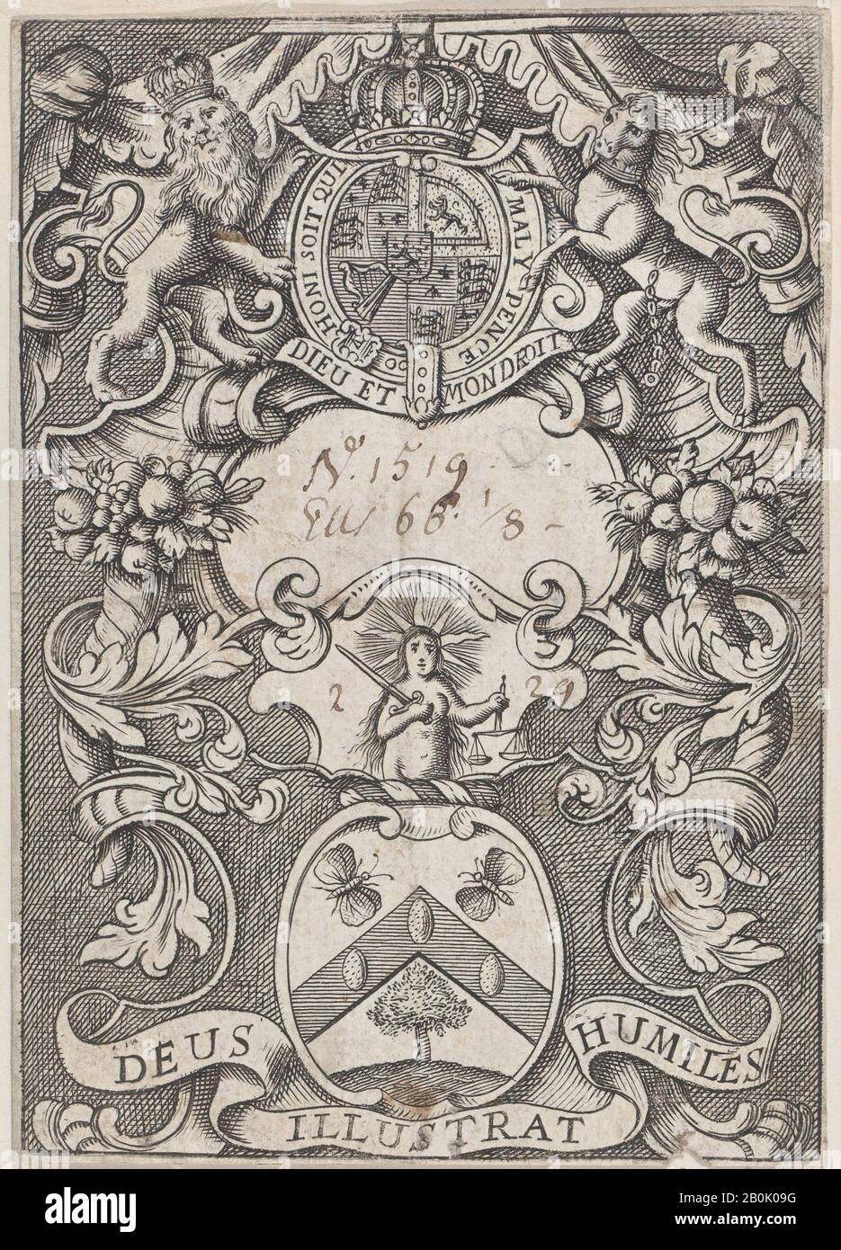 Anonimo, British, 19th secolo, Trade Card con Royal Coat of Arms, Anonimo, British, 19th secolo, 19th secolo, incisione, foglio: 5 13/16 × 4 1/8 in. (14,8 × 10,4 cm Foto Stock