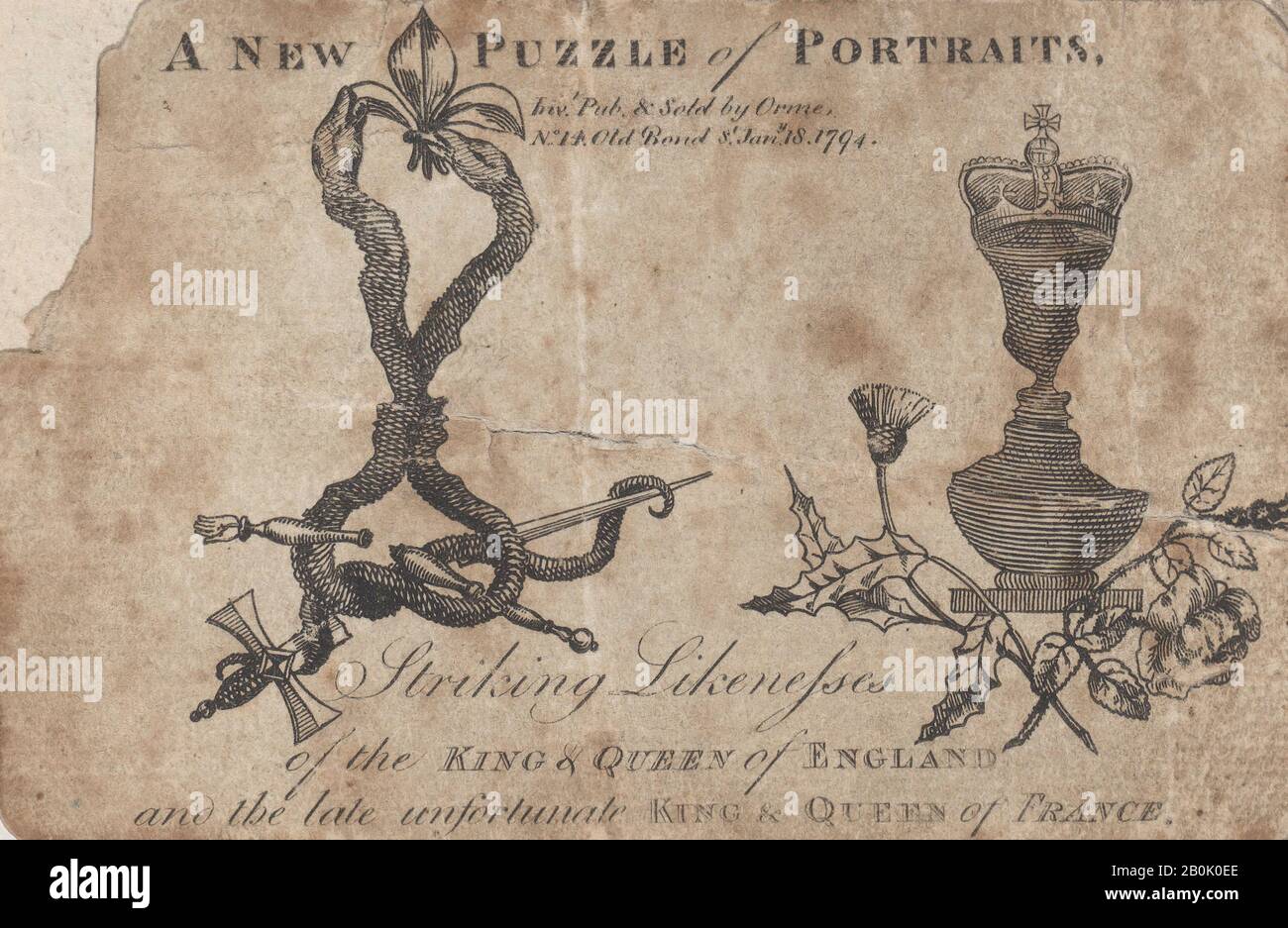 Daniel Orme, Puzzle Portraits of the Kings and Queens of England and France, Marie Antoinette, Regina di Francia (francese (Austria nata), Vienna 1755–1792 Parigi), Luigi XVI, Re di Francia (francese, Versailles 1754–1793 Parigi), Giorgio III, Re di Gran Bretagna e Irlanda (inglese, Londra 1738–1820 Windsor), Charlotte, Regina d'Inghilterra (1744–1818) 1794, Acquaforte, foglio: 3 1/8 × 4 13/16 in. (7,9 × 12,3 cm Foto Stock
