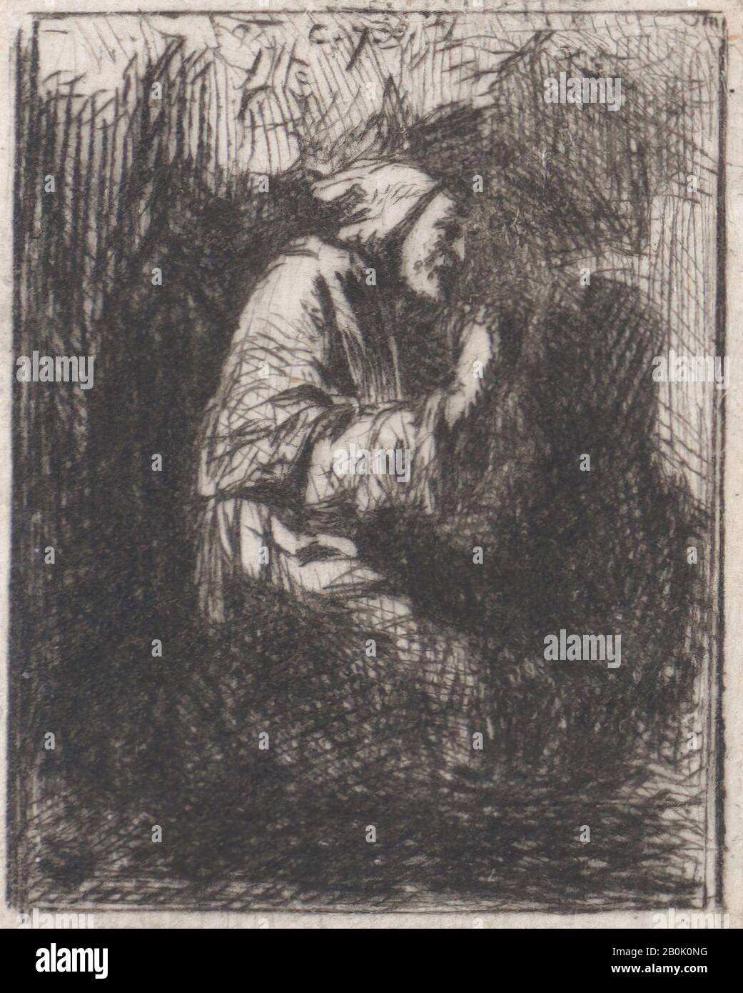 Charles Jacque, Pregando Monk, Charles Jacque (Parigi 1813-1894 Francese), 1843, Drypoint, Foglio (Rifilato): 1 1/16 - 7/8 In. (2,8 - 2,3 cm), stampe Foto Stock