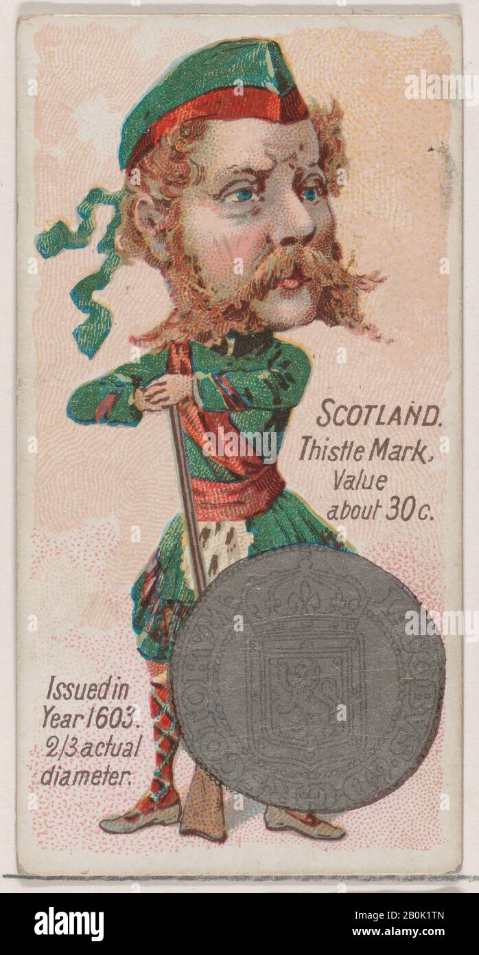 Pubblicato da W. Duke, Sons & Co., Scotland, Thistle Mark, dalla serie Monete Di Tutte le Nazioni (N72, variante 2) per le sigarette Duke marchio, 1889, commerciale litografia a colori, foglio: 2 3/4 x 1 1/2 in. (7 x 3,8 cm Foto Stock