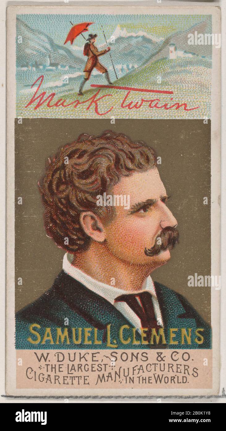 Pubblicato da W. Duke, Sons & Co., Mark Twain - Samuel L. Clemens, dalla serie Great Americans (N76) per le sigarette di marca Duke, 1888, litografia commerciale di colore, foglio: 2 3/4 × 1 1/2 in. (7 × 3,8 cm Foto Stock