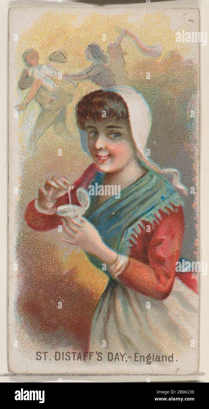 Pubblicato da W. Duke, Sons & Co., Saint Distaff's Day, Inghilterra, dalla serie Holidays (N80) per sigarette Duke brand, litografia di George S. Harris & Sons (American, Philadelphia), 1890, litografia commerciale a colori, foglio: 2 3/4 x 1 1/2 in. (7 x 3,8 cm Foto Stock