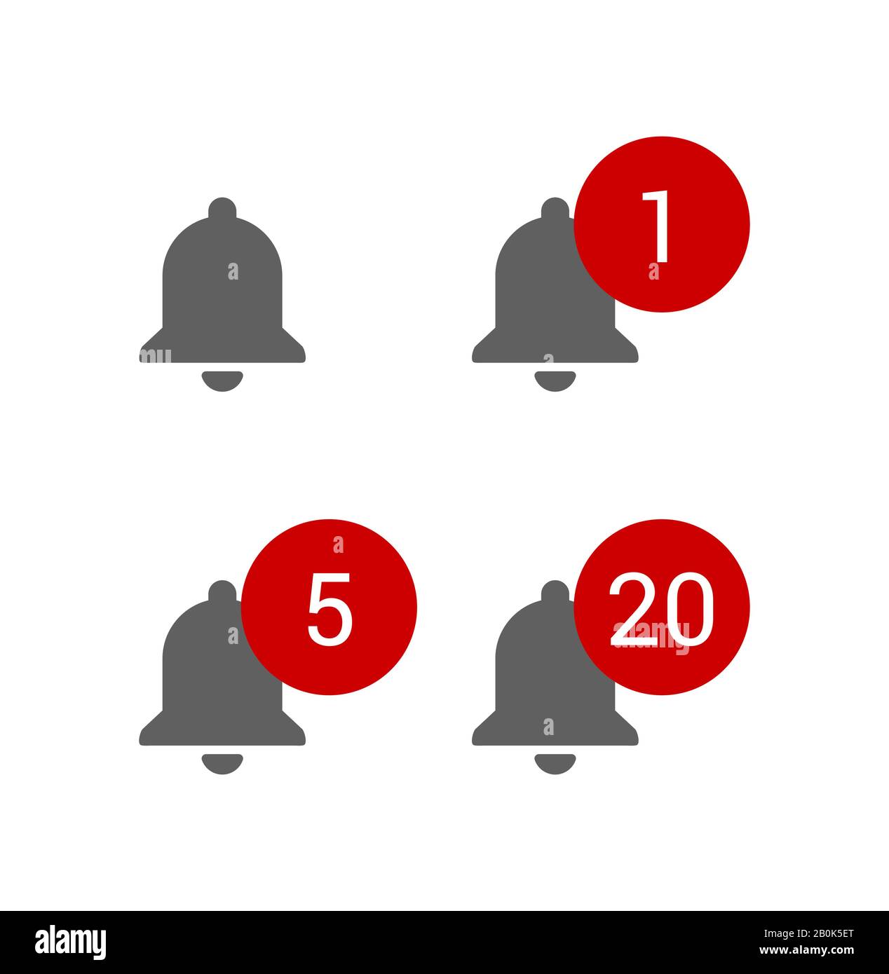 Campanelli grigi con avvisi di messaggi rotondi rossi, notifiche di chat o sottoscrizione per blog video, set di icone smm, illustrazione vettoriale in stile piatto. Illustrazione Vettoriale