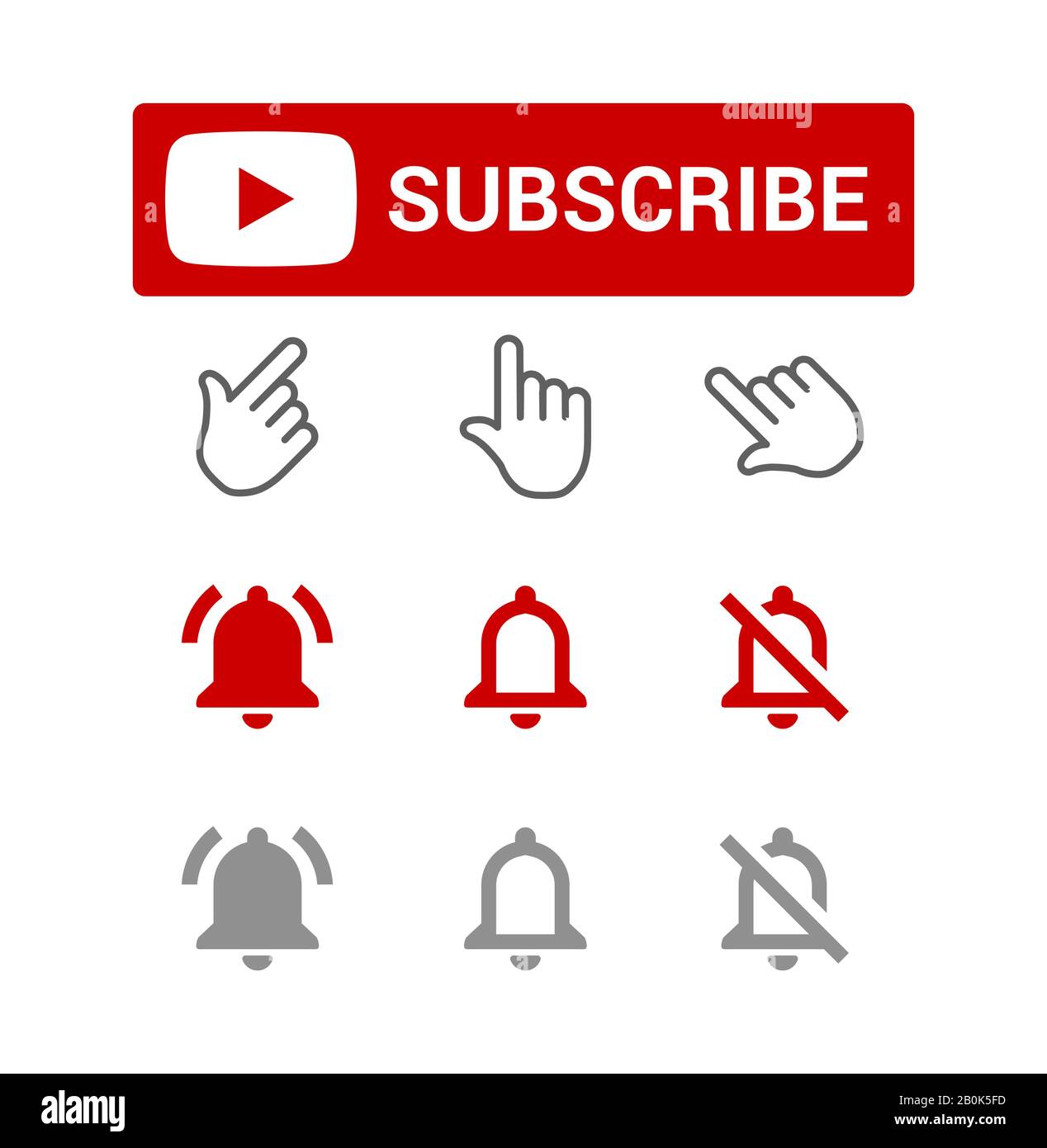 Pulsante Iscriviti, avvisi campanelli rossi e grigi, notifiche chat o promemoria, elementi per il blogging, set di icone smm, illustrazione vettoriale piatta. Illustrazione Vettoriale