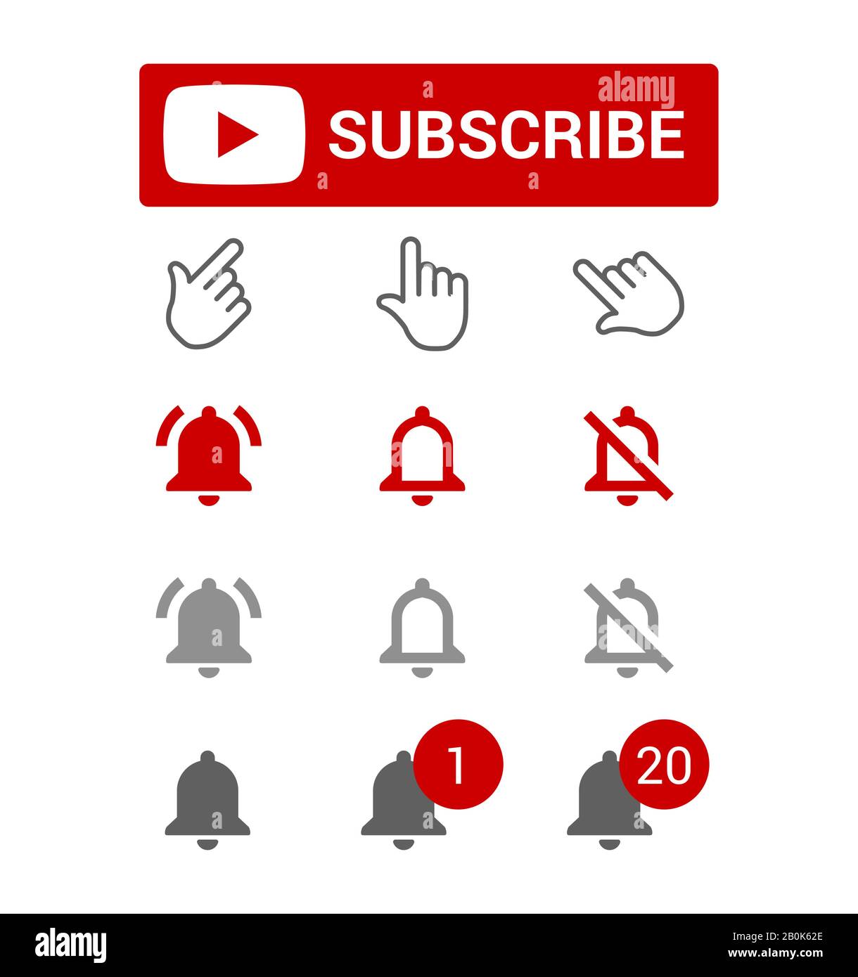 Pulsante Iscriviti, avvisi campanelli rossi e grigi, notifiche chat o promemoria, elementi per il blogging, set di icone smm, illustrazione vettoriale piatta. Illustrazione Vettoriale