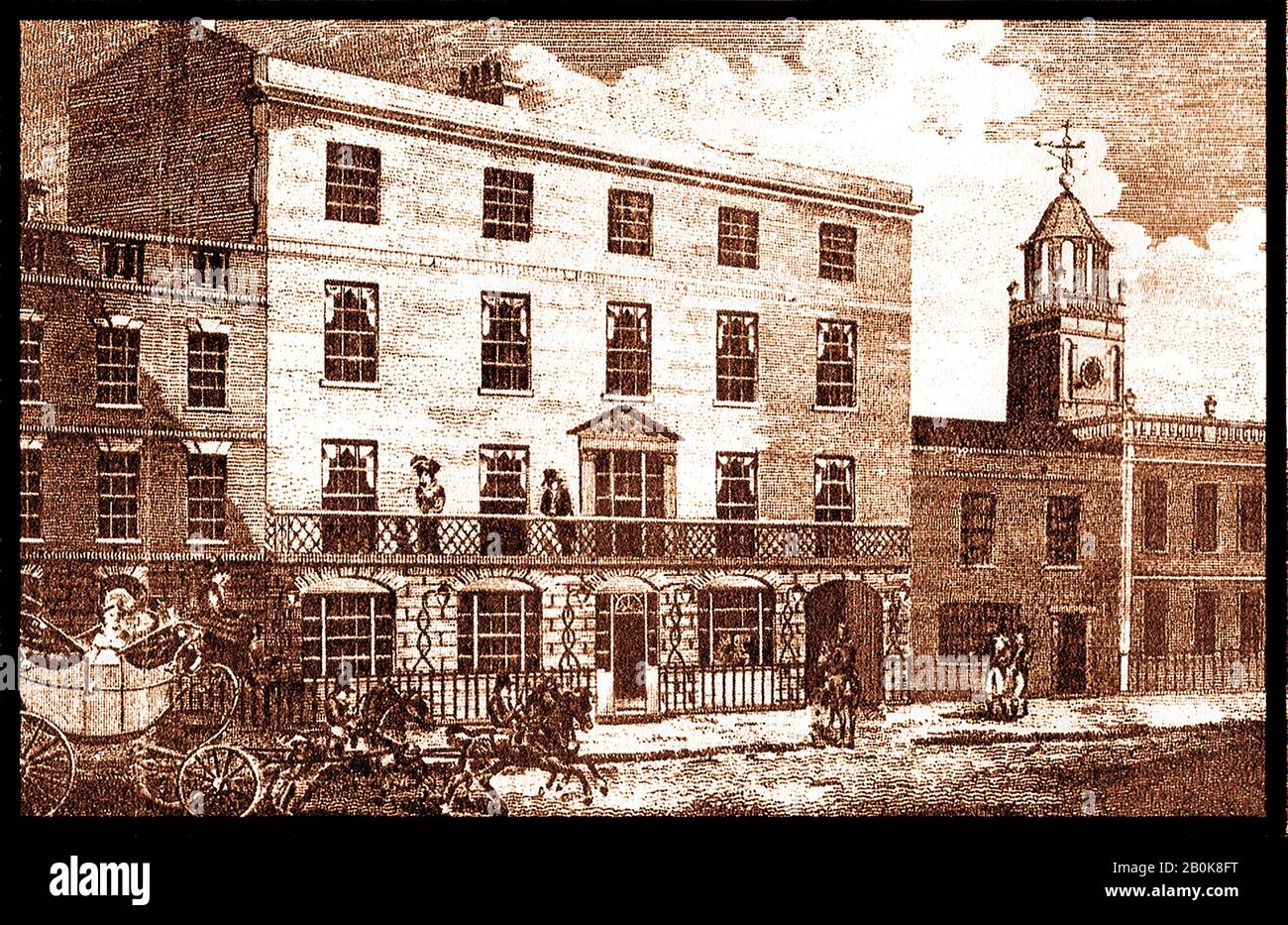 The Hen and Chickens Hotel, Birmingham , UK, (Nome completo :-Lloyd's Hotel & Hen & Chickens) da una vecchia pubblicità del 19th secolo (ha noleggiato carrozze funerarie e di piacere tra cui pennacchi di cavalli neri, velluto nero ecc.) La torre e la cupola della Free Grammar School di Edoardo VI possono essere visti a destra. L'architetto dell'hotel era Julius A. Chatwin, di Birmingham Foto Stock