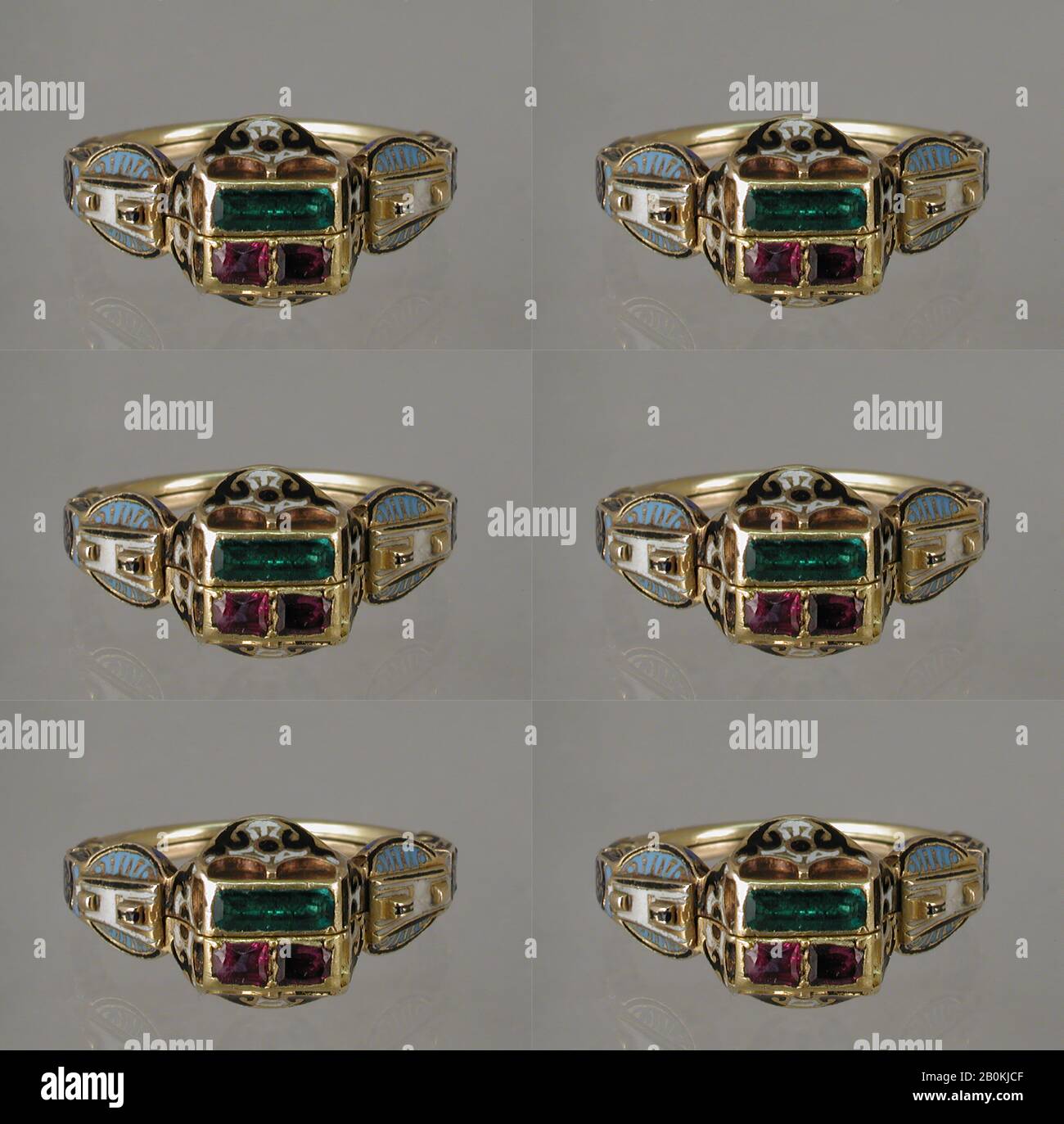 Anello Gimmel (doppio anello), tedesco meridionale, seconda metà 16th  secolo, tedesco meridionale, oro, smalto, macerie, smeraldo, Totale: 1 1/8  × 1/2 in. (2,9 × 1,3 cm), Diametro (cerchio): 1 poll. (2,5 cm Foto stock -  Alamy