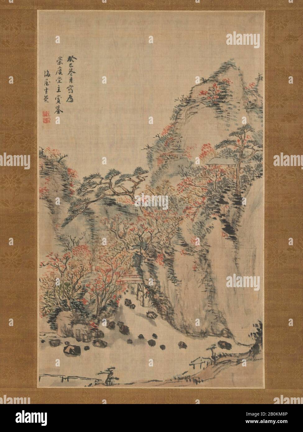 Nukina Kaioku, Paesaggio autunnale a Eigenji, Giappone, periodo Edo (1615–1868), Nukina Kaioku (giapponese, 1778–1863), 1833, Giappone, rotolo sospeso; inchiostro e colore su seta, immagine: 11 7/8 in. × 7 poll. (30,2 × 17,8 cm), Complessivo con montaggio: 39 7/8 × 12 5/8 in. (101,3 × 32 cm), Totale con manopole: 39 7/8 × 14 7/8 in. (101,3 × 37,8 cm), Dipinti Foto Stock