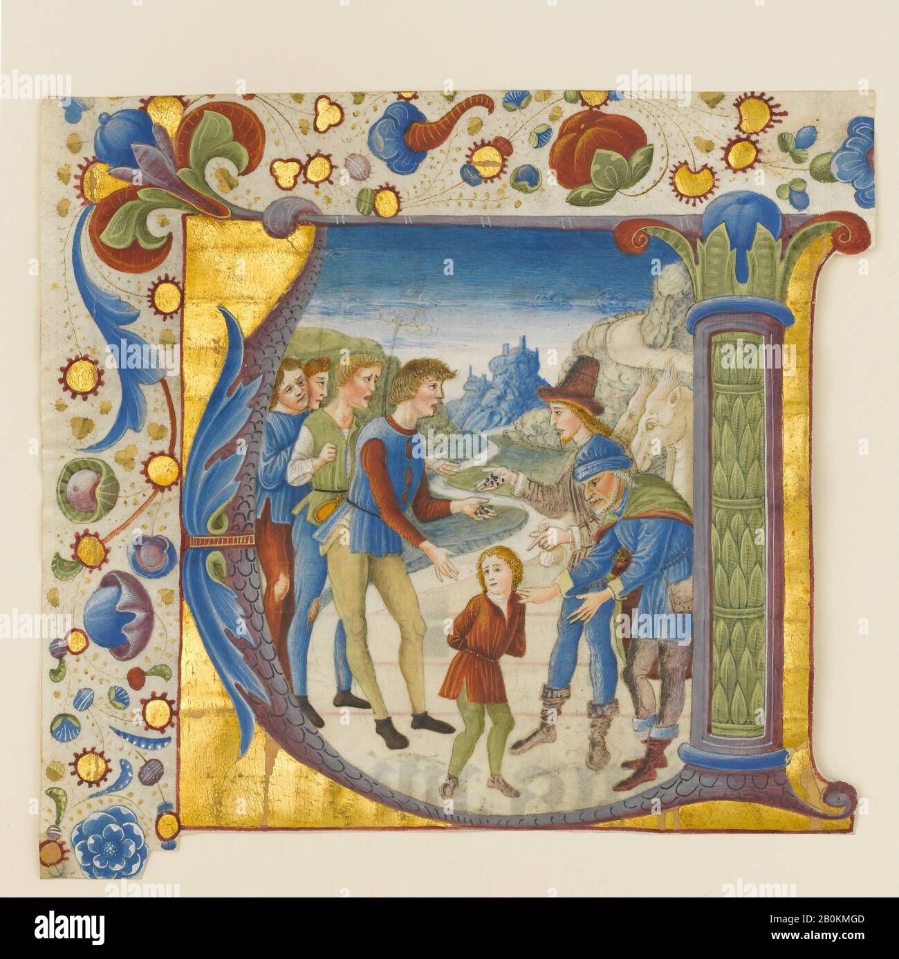 Giovanni Pietro da Cemmo, illuminazione manoscritto con Giuseppe Venduto dai suoi Fratelli in una V Iniziale, da un Antifonario, italiano, Giovanni Pietro da Cemmo (italiano, attivo 1474-1507), ca. 1490, Fabbricato a Brescia, Italia, Italia, Tempera, inchiostro e oro su pergamena; rilegatura in pelle, Totale: 6 3/4 x 7 1/16 in. (17,1 x 17,9 cm), illuminazione: 5 1/4 x 5 7/16 in. (13,4 x 13,8 cm), Altezza di sollevamento: 1 1/4 poll. (3,2 cm), tra le lamelle ht: 1 5/16 in. (3,4 cm), stuoia di studio: 9 15/16 x 11 15/16 in. (25,3 x 30,4 cm), manoscritti e illuminazioni Foto Stock