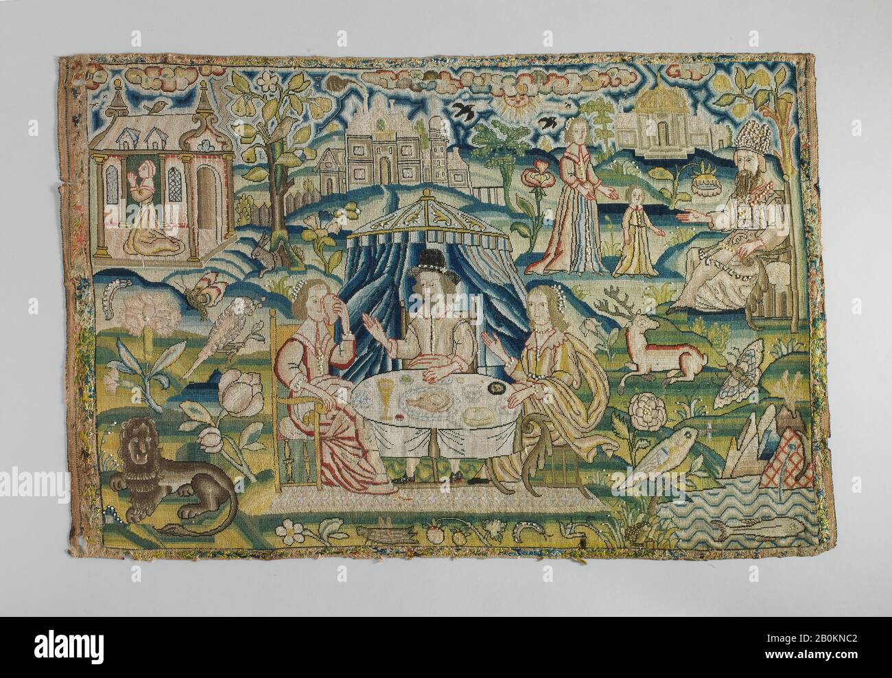 La Storia di Samuel, British, metà 17th secolo, British, tela di lino lavorato con filo di seta e metallo, perle di semi; tenda, coching, e punto dritto, L. 14 3/4 x W. 22 1/2 pollici (37,5 x 57,2 cm), Textiles-Ricamato Foto Stock