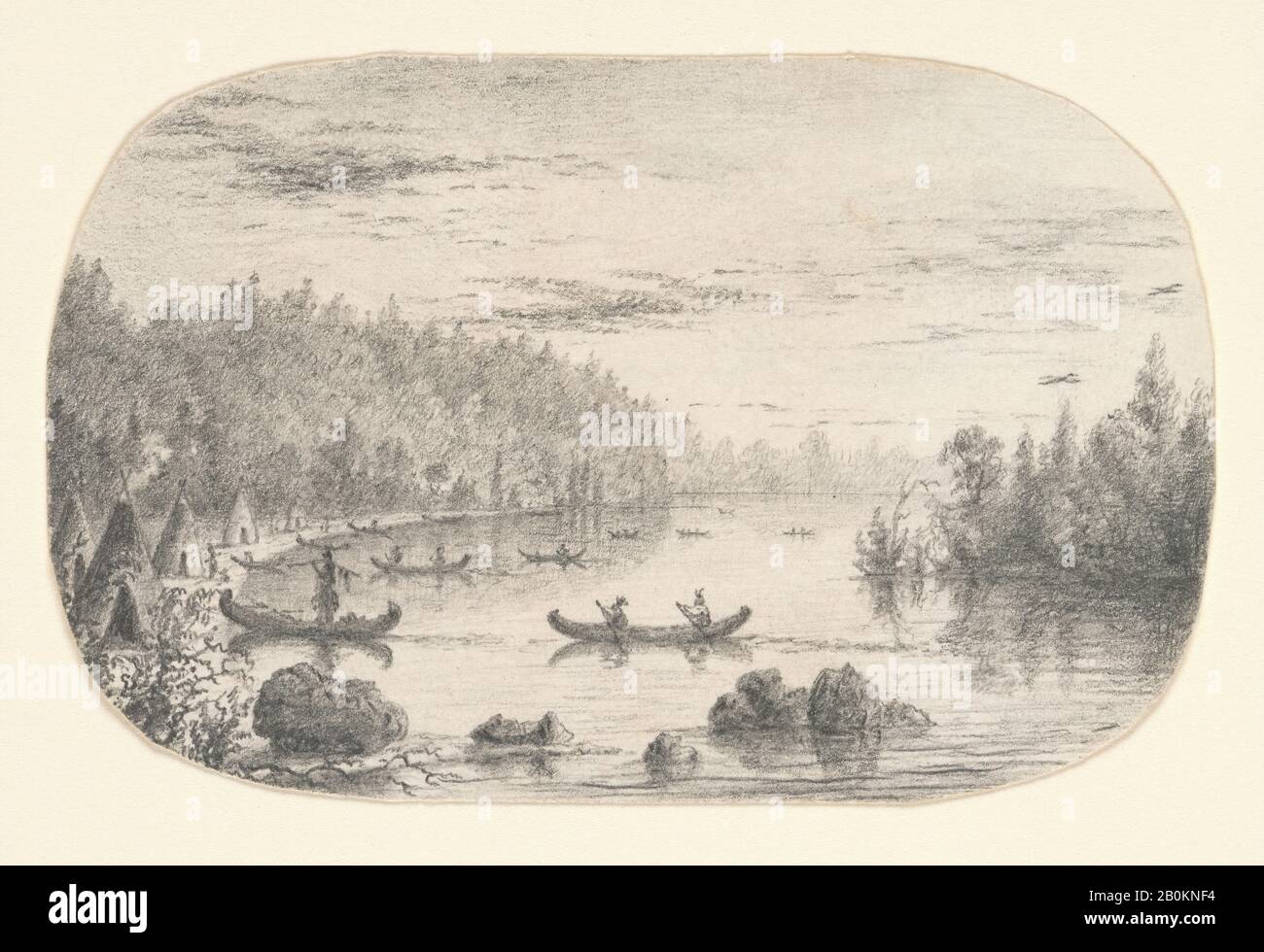 Charles Lanman, indiani Che Ritornano dalla caccia (dallo scrapbook di McGuire), americano, Charles Lanman (1819–1895), 1841, americano, grafite su carta wove bianca, 2 15/16 x 4 5/8 in. (7,5 x 11,7 cm), Disegni Foto Stock