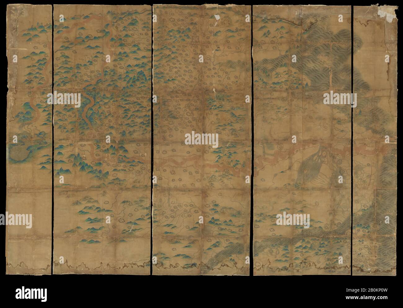 Artista non identificato, Mappa della Cina, Cina, dinastia Ming tardiva (?) (1368–1644), artista non identificato Cinese, Cina, Otto rotoli sospesi; inchiostro e colore sulla seta, circa ciascuno: 15 3/4 x 96 pollici. (40 x 243,8 cm), Dipinti Foto Stock