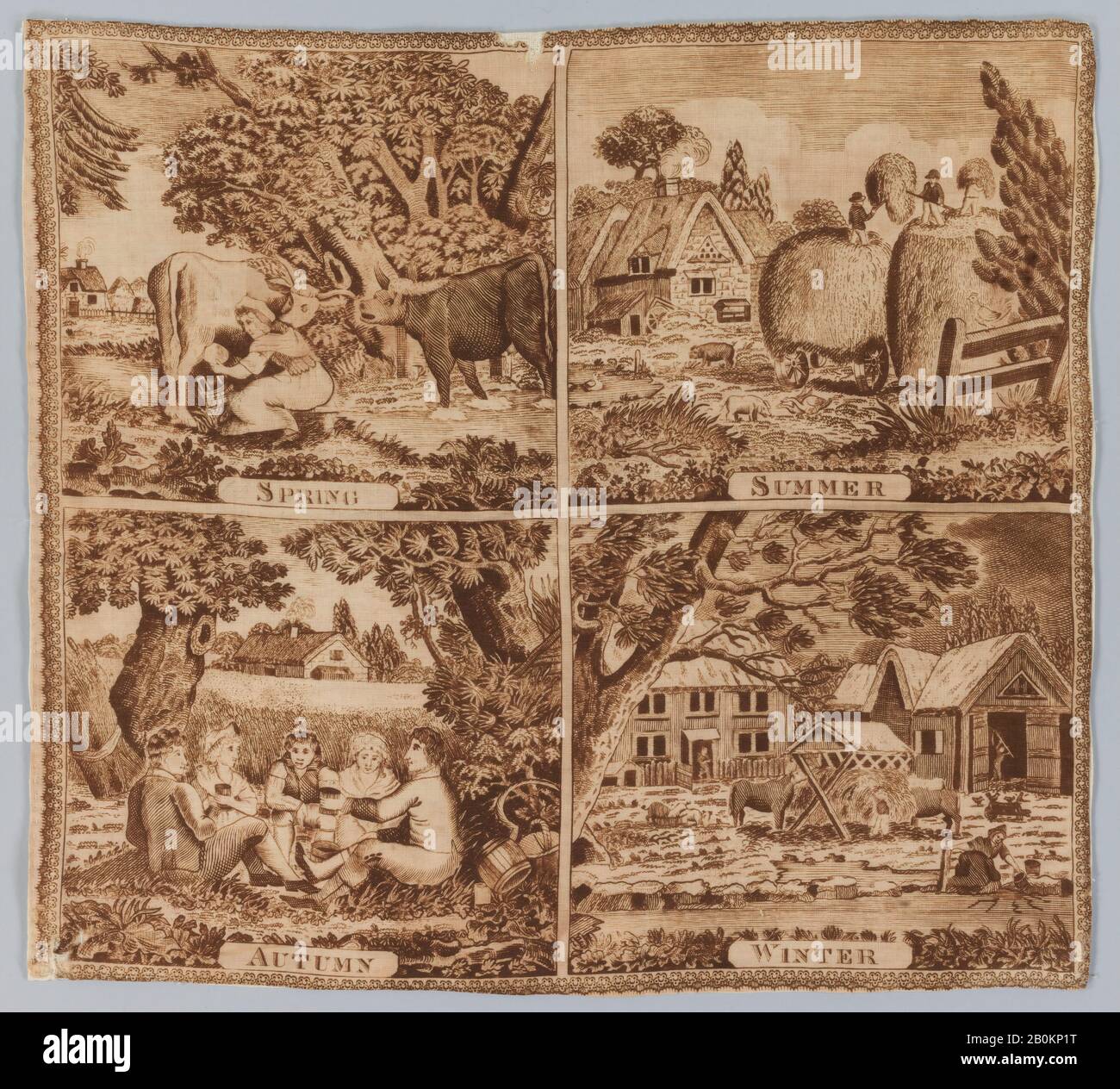 Fazzoletto, inglese, ca. 1800, British, Cotton, L. 14 3/8 x W. 15 1/2 pollici, 36,5 x 39,5 cm, Textiles-Printed Foto Stock