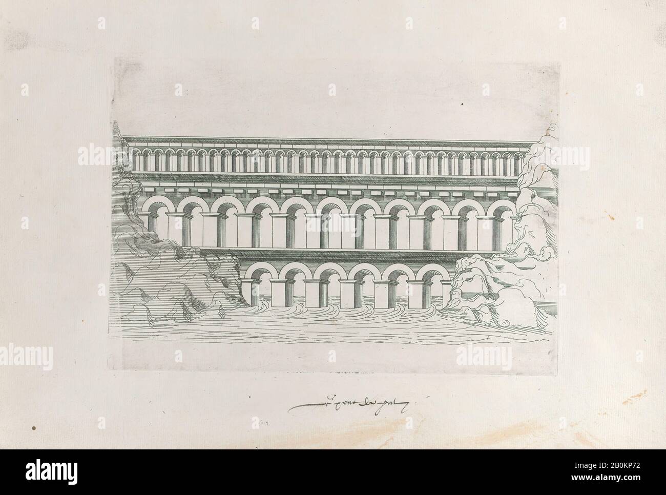 Jacques Androuet Du Cerceau, il Ponte del Gal (Gard), Templi et bâtiments antiquariato et modernes, Jacques Androuet Du Cerceau (francese, Parigi 1510/12-1585 Annecy), 1545, Incisione, foglio (rifilato): 8 7/16 × 12 3/4 in. (21,5 × 32,4 cm), Piastra: 7 1/16 × 10 1/8 in. (17,9 × 25,7 cm Foto Stock