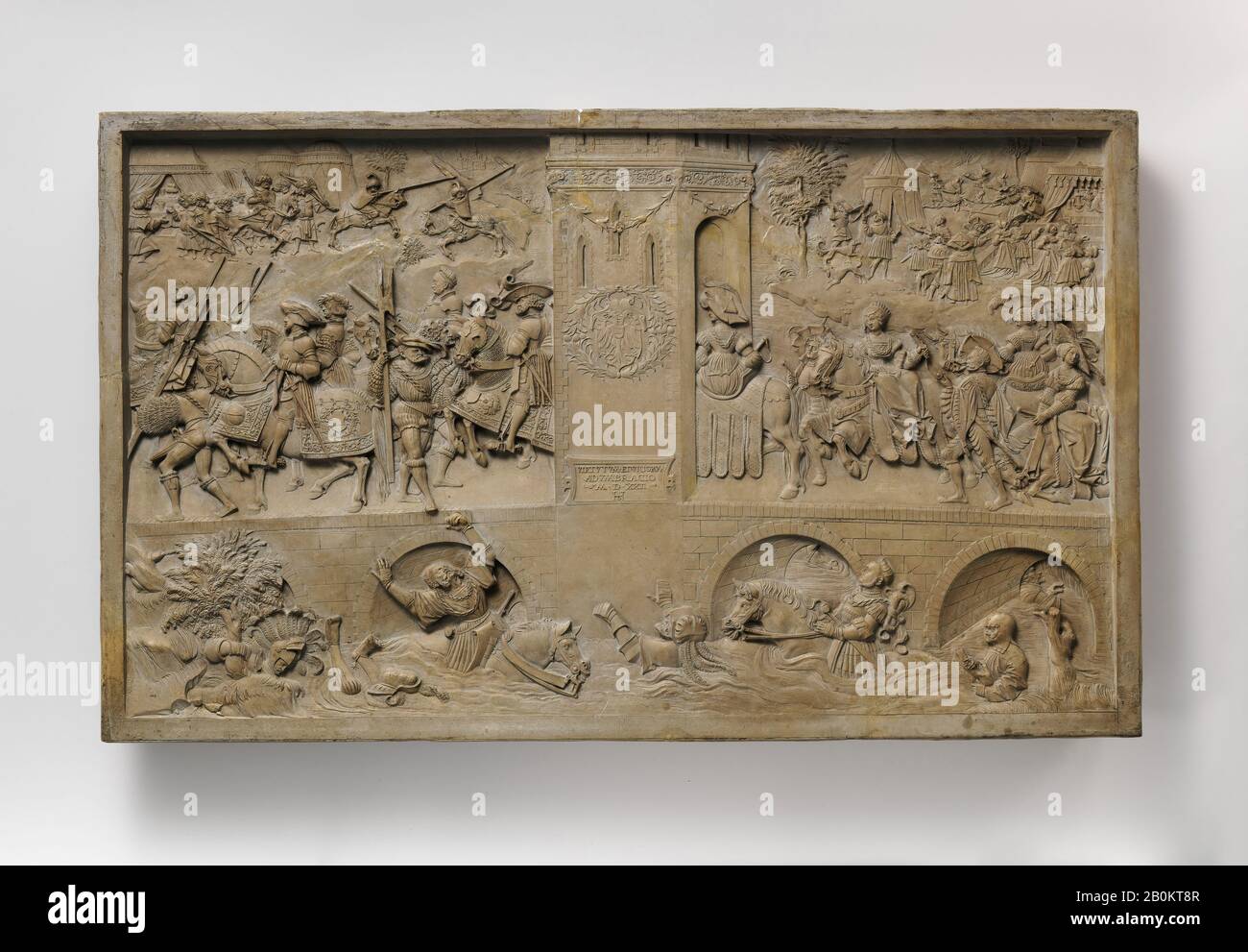 Hans Daucher, Allegoria Delle Virtù e vizi alla Corte di Carlo V, tedesco, probabilmente Augusta, Hans Daucher (tedesco, Ulm ca. 1485–1538 Stoccarda), ca. 1522, tedesco, probabilmente Augsburg, Honestone (calcare giurassico), tracce di doratura, Nel Complesso: 11 1/8 × 18 7/16 × 1 3/4 in. (28,3 × 46,8 × 4,4 cm), scultura-miniatura Foto Stock