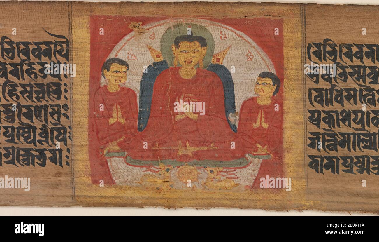 Buddha con Le Mani Sollevate a Dharmacakra Mudra, foglia da un Pancavisatisahasrika Prajnaparamita Manuscript, India (Bengala) o Bangladesh, Pala periodo, Data ca. 1090, India (Bengala) o Bangladesh, acquerello Opaco su foglia di palma, 2 1/16 x 22 1/8 in. (5,2 cm x 56,2 cm), Dipinti Foto Stock