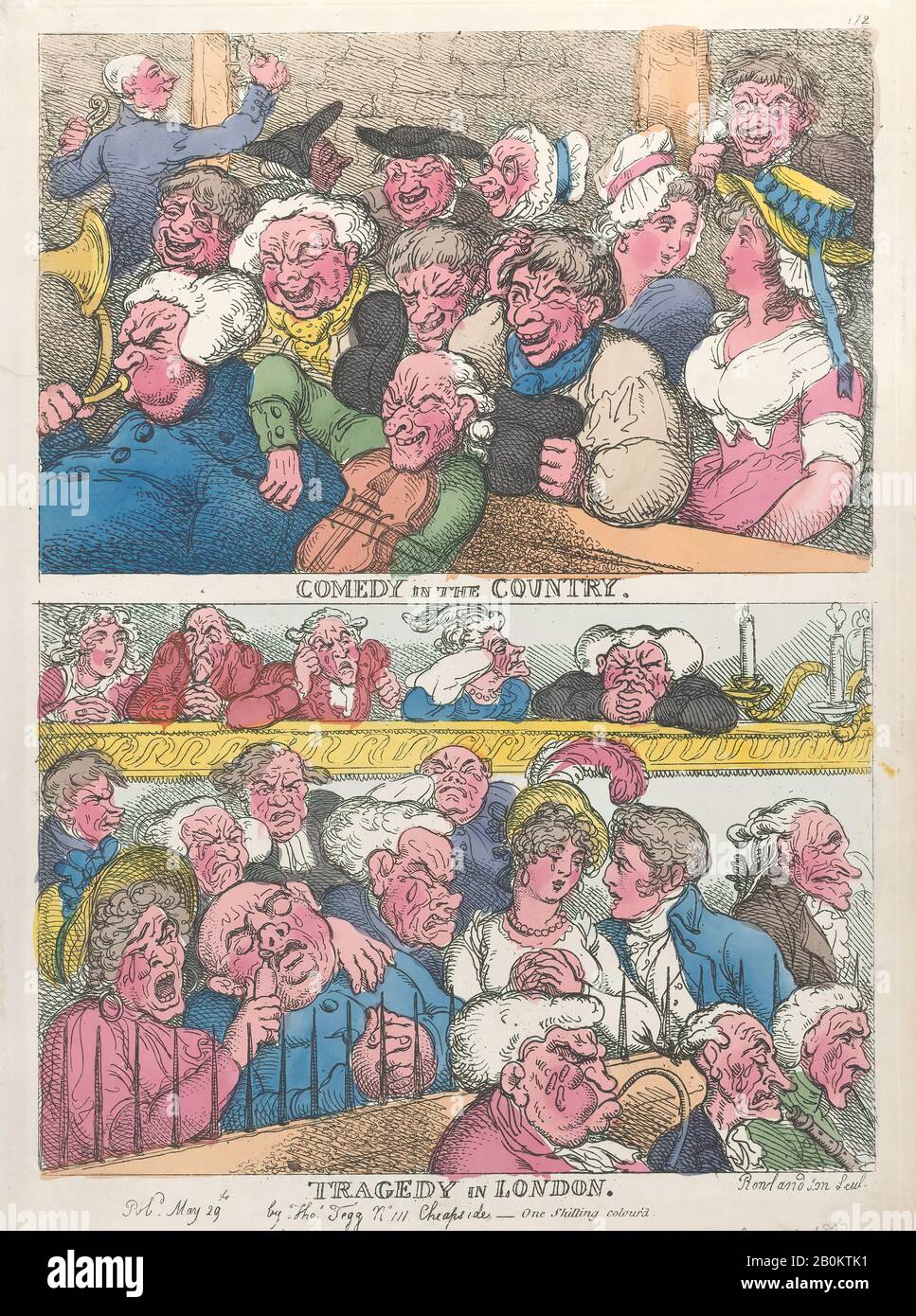 Thomas Rowlandson, Comedy in the Country, Tragedia a Londra, Thomas Rowlandson (British, London 1757–1827 London), 29 maggio 1807, incisione A Mano, foglio: 13 15/16 × 10 1/16 in. (35,4 × 25,6 cm), stampe Foto Stock