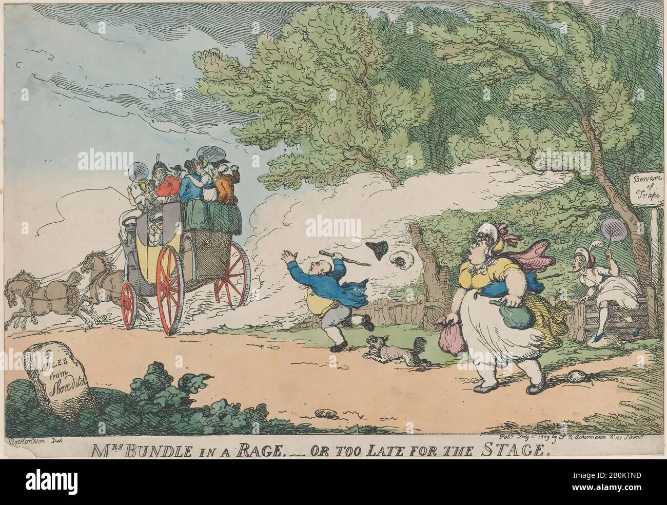 Thomas Rowlandson, Mrs. Bundle in un Rage o troppo tardi per la fase, Thomas Rowlandson (Londra 1757–1827 Londra), Dopo George Moutard Woodward (Regno Unito, ca. 1760–1809 Londra), 1 luglio 1809, incisione A Mano, foglio: 8 3/4 × 12 11/16 in. (22,3 × 32,3 cm), stampe Foto Stock