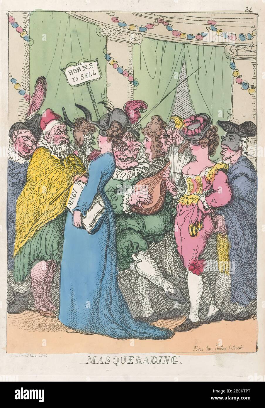 Thomas Rowlandson, Masquerading, Thomas Rowlandson (British, London 1757–1827 London), [30 agosto 1811], ristampato, incisione Colorata A Mano, Piastra: 13 3/4 × 9 3/4 in. (35 × 24,8 cm), foglio: 14 5/8 × 10 1/4 in. (37,1 × 26 cm), stampe Foto Stock