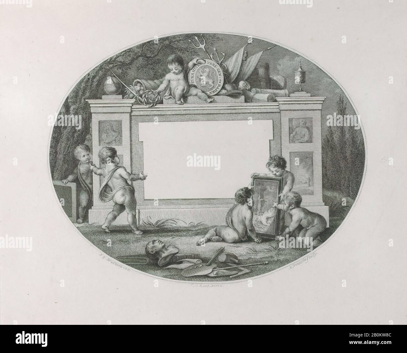 Reinier Vinkeles, Trade Card, Reinier Vinkeles (olandese, Amsterdam 1741–1816 Amsterdam), J. G. Waldorp (olandese, 1740–1809), 19th secolo, incisione, foglio: 9 5/8 × 13 3/16 in. (24,4 × 33,5 cm), Piastra: 8 1/4 × 10 3/16 in. (20,9 × 25,9 cm Foto Stock