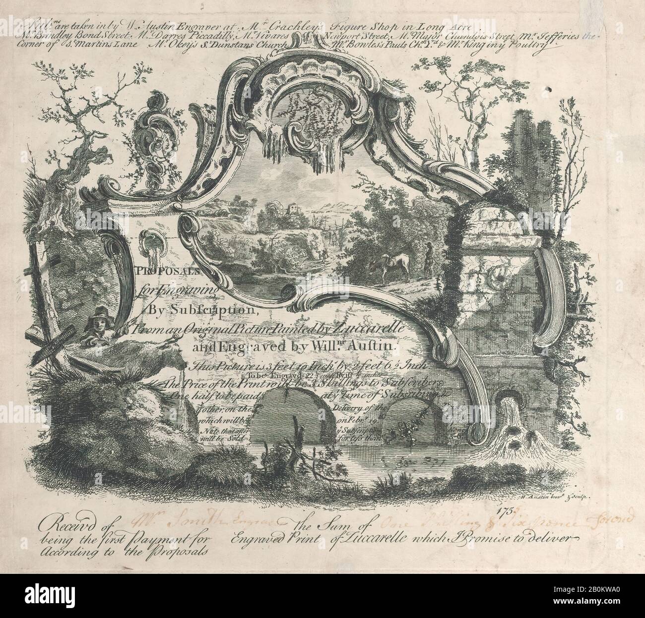 William Austin, Proposta Di Iscrizione Da Un'Immagine Originale Dipinta Da Zuccarelle, William Austin (Londra 1721/33–1820 Brighton), 1756, Incisione, Foglio: 9 1/4 × 10 3/8 In. (23,5 × 26,4 cm Foto Stock