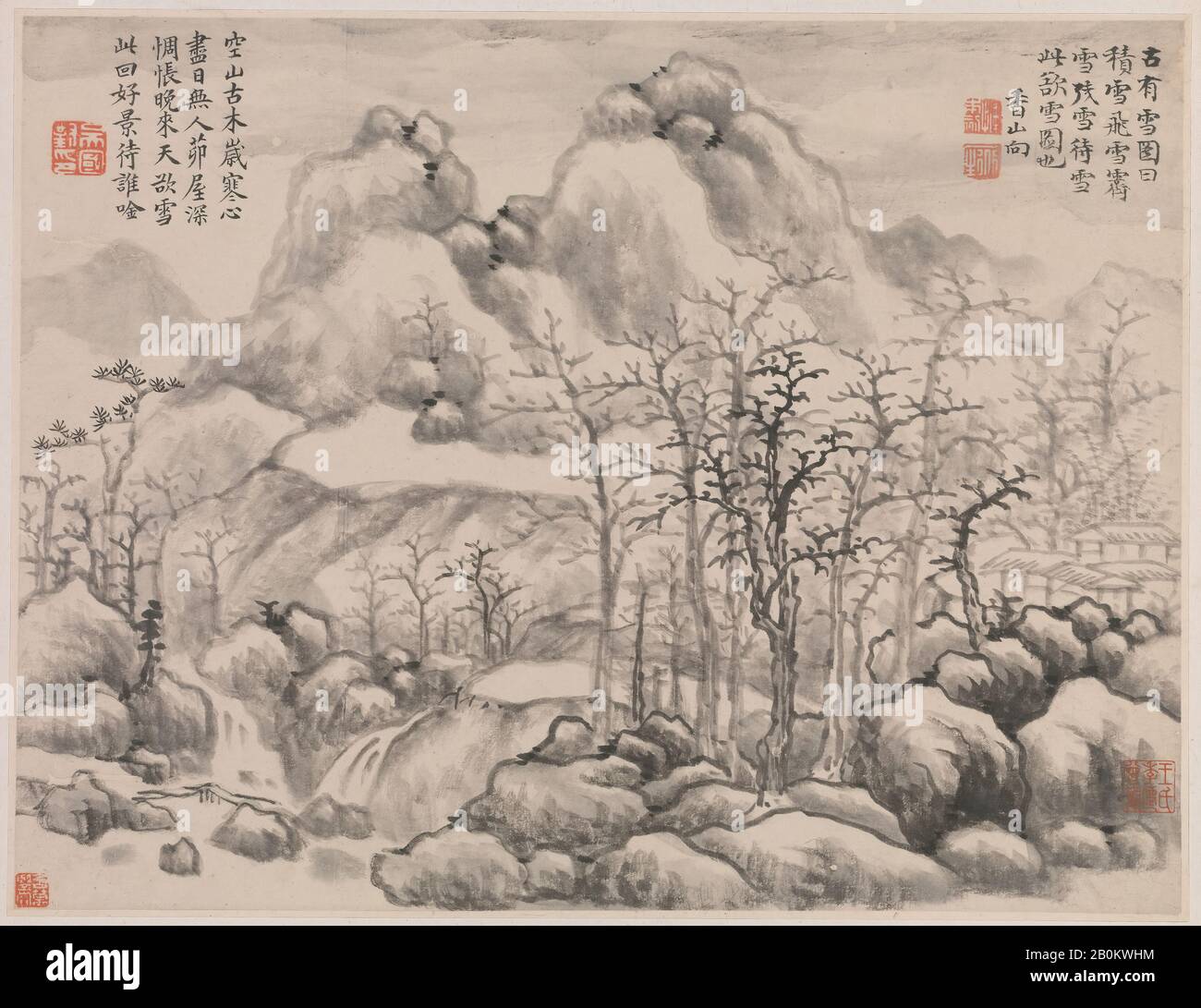 Yun Xiang, Snowscape, dall'album per Zhou Lianggong, Cina, Yun Xiang (cinese, 1586–1655), Senza Data, Cina, foglio di doppio album da un album collettivo di dodici dipinti e pagine di calligrafia rivolte verso l'alto; inchiostro su carta, 9 3/4 x 13 pollici. (24,8 x 33 cm), Dipinti Foto Stock