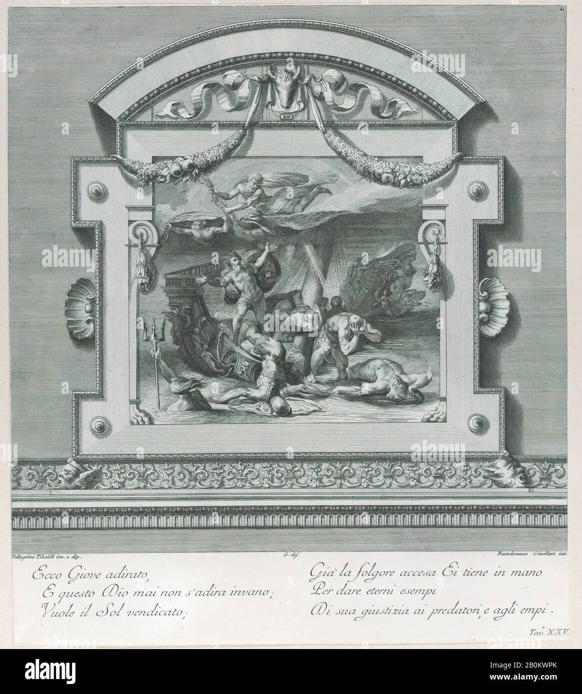 Bartolomeo Crivellari, Piatto 25: Naufragio, 'le Pitture di Pellegrino Tibaldi e di Niccolò Abbate esistenti nell'Instituto di Bologna', Bartolomeo Crivellari (italiano, attivo 18th secolo), Intermediary disegnatore Gabriel Söderling (svedese, attivo 1756), Dopo Pellegrino Tibaldi (italiano, Puria di Valsolda 1527–1596 Milano), Giampietro e Zanpietrò (Tred Acquaforte, 1756): 13 7/8 × 12 1/16 in. (35,3 × 30,7 cm), stampe Foto Stock
