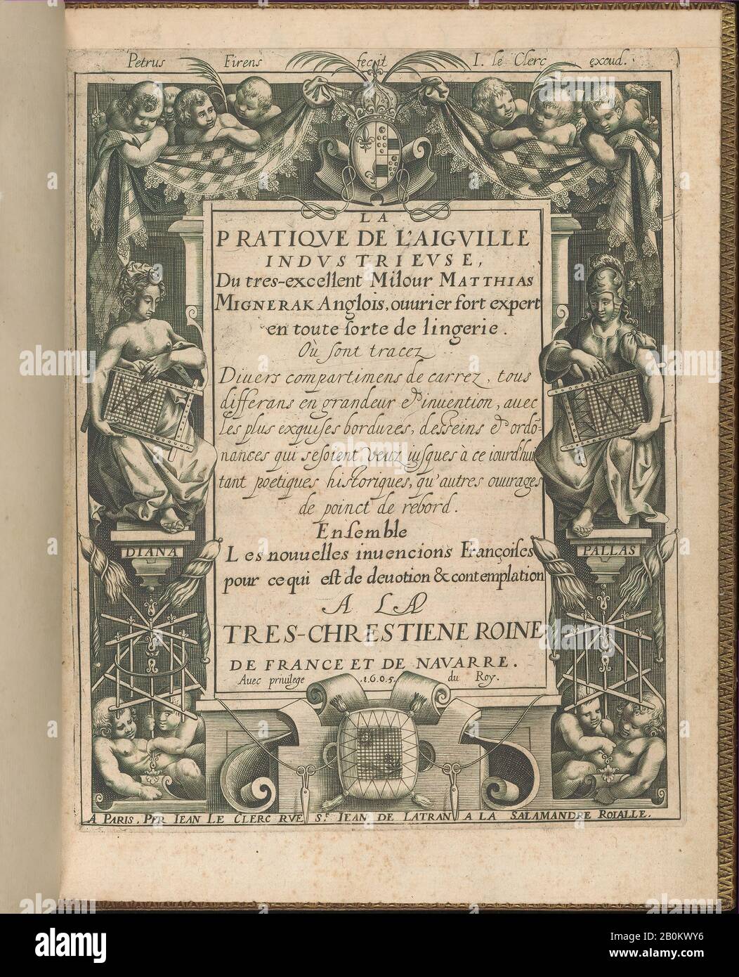 Matthias Mignerak, la Pratique de l'Aiguille, Matthias Mignerak, titolo di Pierre Firens (Parigi 1641), Dedicato a Marie de Medici (Firenze 1575–1642 Colgne), 1605, incisione, taglio del legno, Totale: 9 1/4 x 7 1/16 in. (23,5 x 18 cm Foto Stock