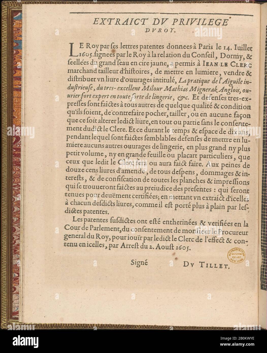 Matthias Mignerak, la Pratique de l'Aiguille, pagina 4 (vero), Matthias Mignerak, titolo di Pierre Firens (Parigi 1641), Dedicato a Marie de Medici (Firenze 1575–1642 Colgne), 1605, Woodcut, In Generale: 9 1/4 x 7 1/16 in. (23,5 x 18 cm Foto Stock