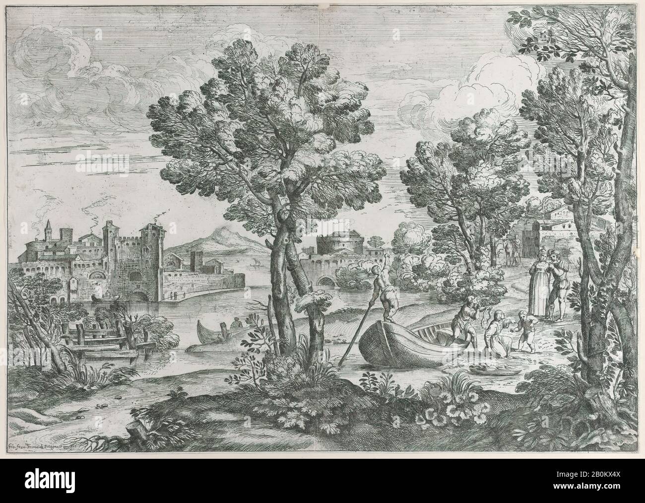 Giovanni Francesco Grimaldi, Paesaggio con un uomo che tiene un serpente a un bambino terrorizzato, guardato da una coppia di moda vestito sulla riva del fiume a destra, Giovanni Francesco Grimaldi (Bologna 1606–1680 Roma), 1626–80, Incisione, foglio: 12 11/16 × 17 15/16 in. (32,2 × 45,5 cm), stampe Foto Stock