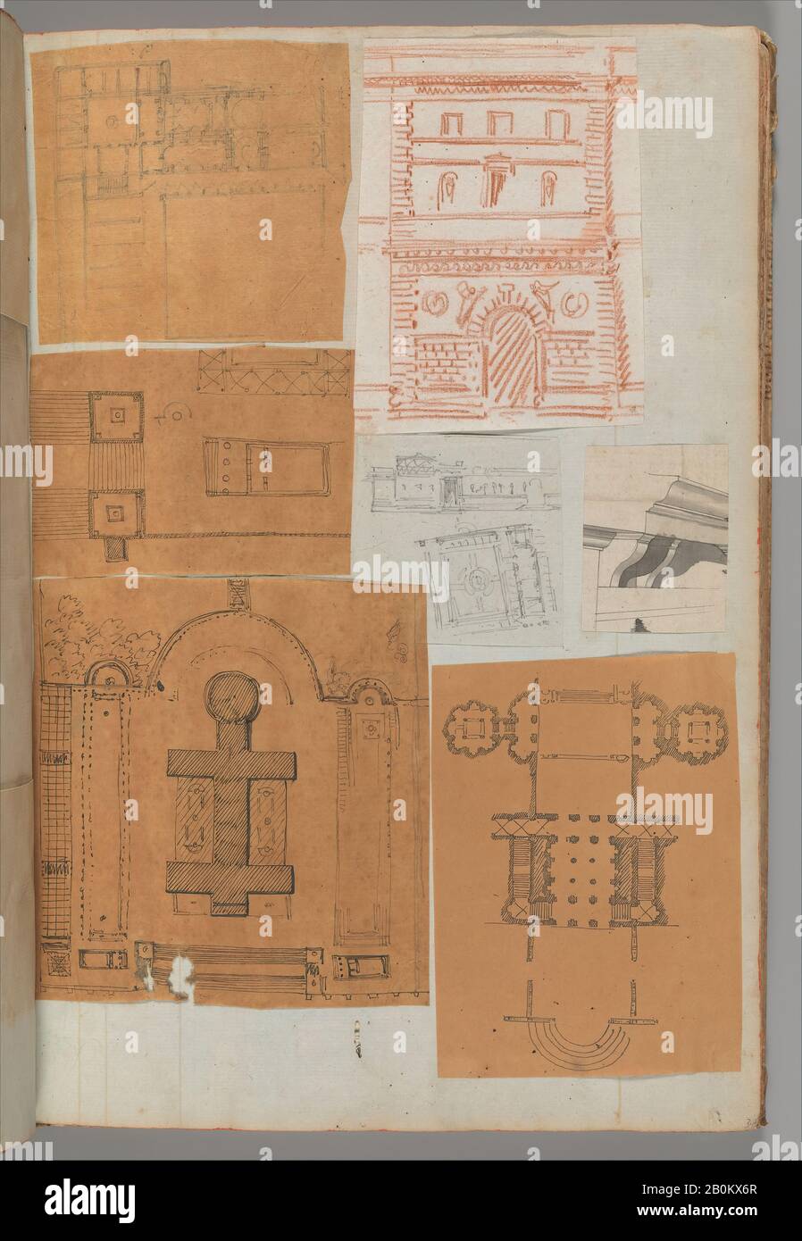 Laboratorio di Charles Percier, pagina da uno scrapbook contenente Disegni e Diverse stampe di architettura, Interni, mobili e Altri Oggetti, laboratorio di Charles Percier (Parigi 1764–1838), laboratorio di Pierre François Léonard Fontaine (francese, Pontoise 1762–1853 Parigi), ca. 1800–1850, penna e inchiostro nero e grigio, grafite, gesso nero, 15 11/16 x 10" (39,8 x 25,4 cm Foto Stock