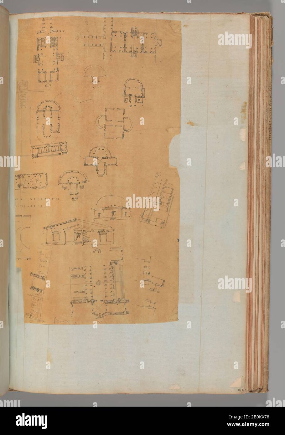 Laboratorio di Charles Percier, pagina da uno scrapbook contenente Disegni e Diverse stampe di architettura, Interni, mobili e Altri Oggetti, laboratorio di Charles Percier (Parigi 1764–1838), laboratorio di Pierre François Léonard Fontaine (francese, Pontoise 1762–1853 Parigi), ca. 1800–1850, penna e inchiostro nero e grigio, grafite, gesso nero, 15 11/16 x 10" (39,8 x 25,4 cm Foto Stock