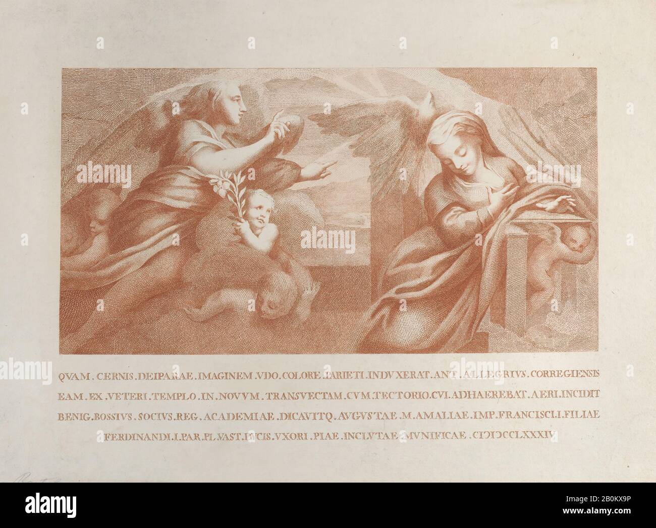 Benigno Bossi, l'Annunciazione, con Gabriele a sinistra e la Vergine a destra, Benigno Bossi (italiano, 1727–1792), Dopo Correggio (Antonio Allegri) (italiano, Correggio, attivo dal 1514–morto 1534 Correggio), 1784, Incisione e incisione in inchiostro rosso, Piastra: 10 1/16 × 13 11/16 in. (25,5 × 34,7 cm), foglio: 11 15/16 × 17 3/8 in. (30,3 × 44,2 cm), stampe Foto Stock