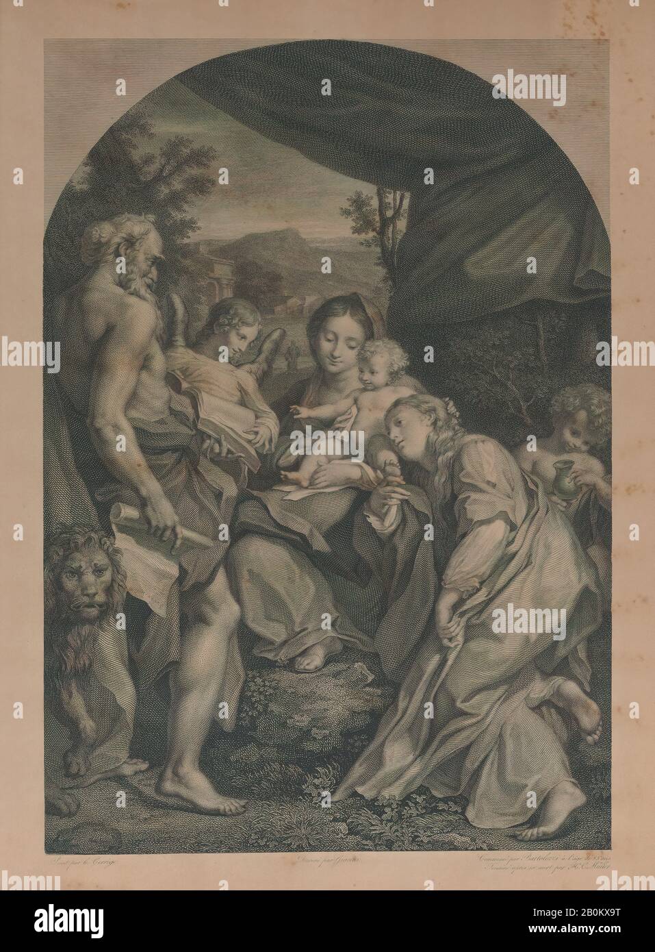 Francesco Bartolozzi, Vergine E Bambino Con San Girolamo A Sinistra, Francesco Bartolozzi (Firenze 1728–1815 Lisbona), Henri-Charles Müller (Francia, Strasburgo 1784–1846 Parigi), Dopo Correggio (Antonio Allegri) (Italiano, Correggio, Attivo Dal 1514–Morto 1534 Correggio), 1822, Incisione, Immagine: 14/16, × 15/16. (36,4 × 25,3 cm), foglio: 16 1/2 × 11 7/8 in. (41,9 × 30,1 cm), stampe Foto Stock