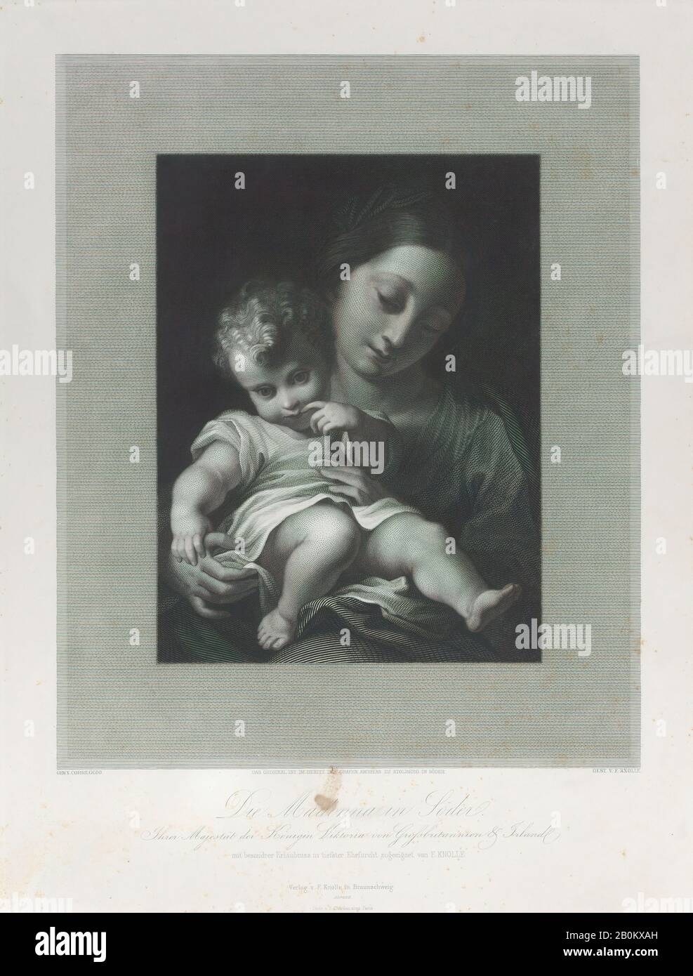 Johann Heinrich Friedrich Ludwig Knolle, Madonna Col Bambino, Dopo Correggio (Antonio Allegri) (Italiano, Correggio, Attivo Dal 1514 – Morto Nel 1534 Correggio), 1830–60, Incisione, Piatto: 15 9/16 × 11 11/16 In. (39,5 × 29,7 cm), foglio: 19 11/16 × 15 3/4 in. (50 × 40 cm), stampe Foto Stock