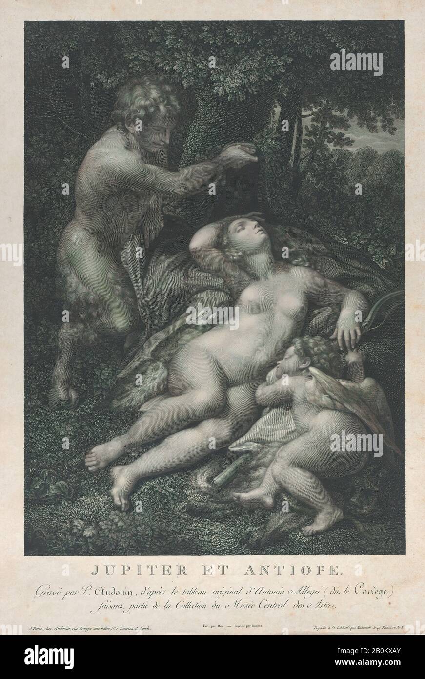 Pierre Audouin, un satiro alla scoperta della Venere dormiente, con Cupido che giace al suo fianco, Dopo Correggio (Antonio Allegri) (italiano, Correggio, attivo dal 1514-morto 1534 Correggio), 1801, Incisione ed incisione, immagine: 18 1/4 in. × 13 poll. (46,3 × 33 cm), foglio (Rifilato): 21 7/8 × 14 7/8 in. (55,6 × 37,8 cm), stampe Foto Stock