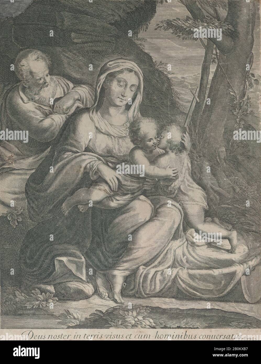 Anonimo, la Sacra Famiglia con il neonato San Giovanni Battista inginocchiato a destra, Anonimo, Possbily dopo Correggio (Antonio Allegri) (italiano, Correggio, attivo dal 1514-morto 1534 Correggio), 1550-1600, incisione, foglio (Rifilato): 11 3/4 × 9 1/8 in. (29,9 × 23,1 cm), stampe Foto Stock