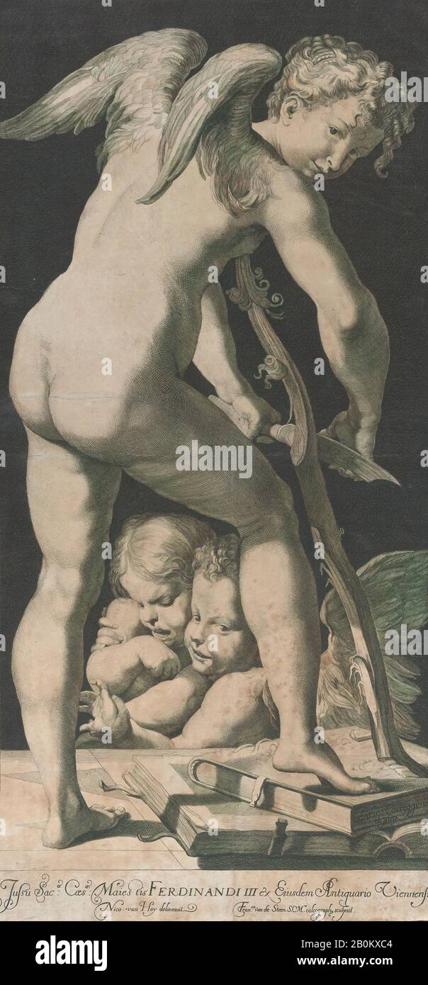 Franciscus Van Den Steen, Cupid affila il suo arco, Franciscus Van Den Steen (Anversa ca. 1625–1672 Vienna), Dopo Correggio (Antonio Allegri) (italiano, Correggio, attivo dal 1514–morto 1534 Correggio), 1645–72, incisione, foglio: 20 7/8 × 9 13/16 in. (53 × 25 cm), stampe Foto Stock
