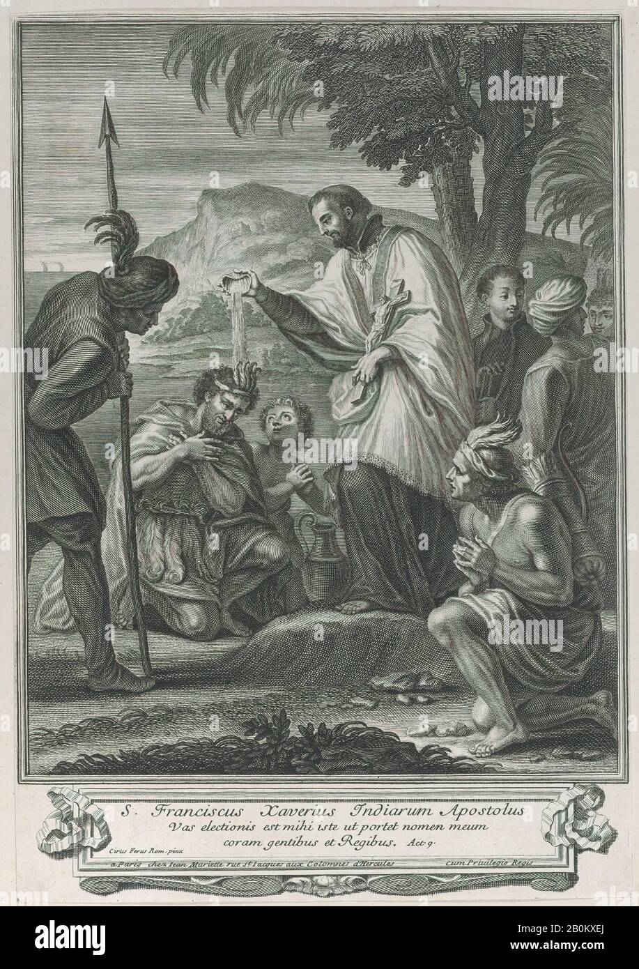 Anonimo, San Francesco Saverio Battezzando Gli Indiani, Anonymous, Dopo Ciro Ferri (Roma 1634?–1689 Roma), 1714–74, Incisione, Foglio (Rifilato): 11 7/8 × 8 3/16 In. (30,1 × 20,8 cm), stampe Foto Stock