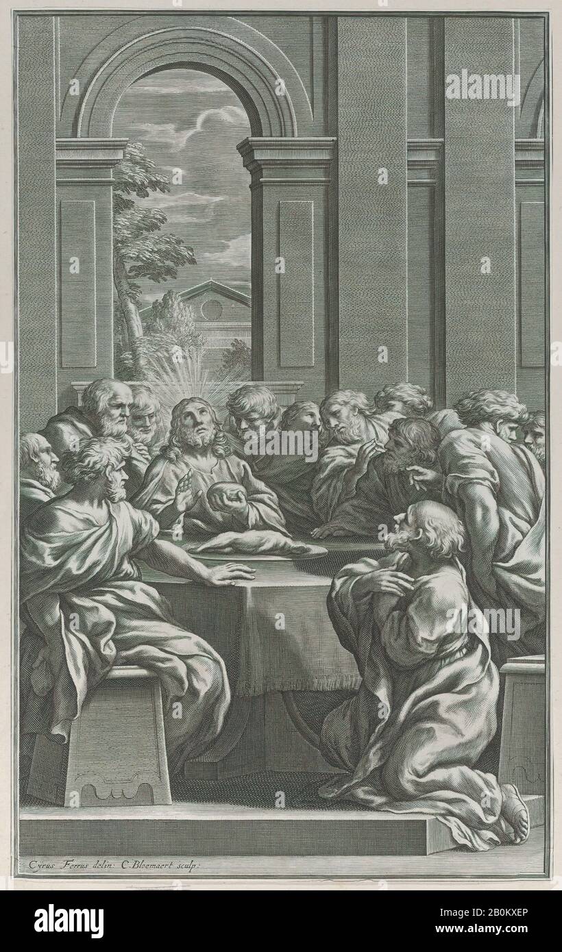 Cornelis Bloemaert, l'ultima cena, l'interno di un edificio classico con Cristo e i suoi apostoli seduti ad un tavolo, Cornelis Bloemaert (olandese, Utrecht 1603 – 1684 Roma), Dopo Ciro Ferri (italiano, Roma 1634 – 1689 Roma), 1662, incisione, foglio (Rifilato): 12 3/8 × 7 11/16 in. (31,4 × 19,5 cm), stampe Foto Stock
