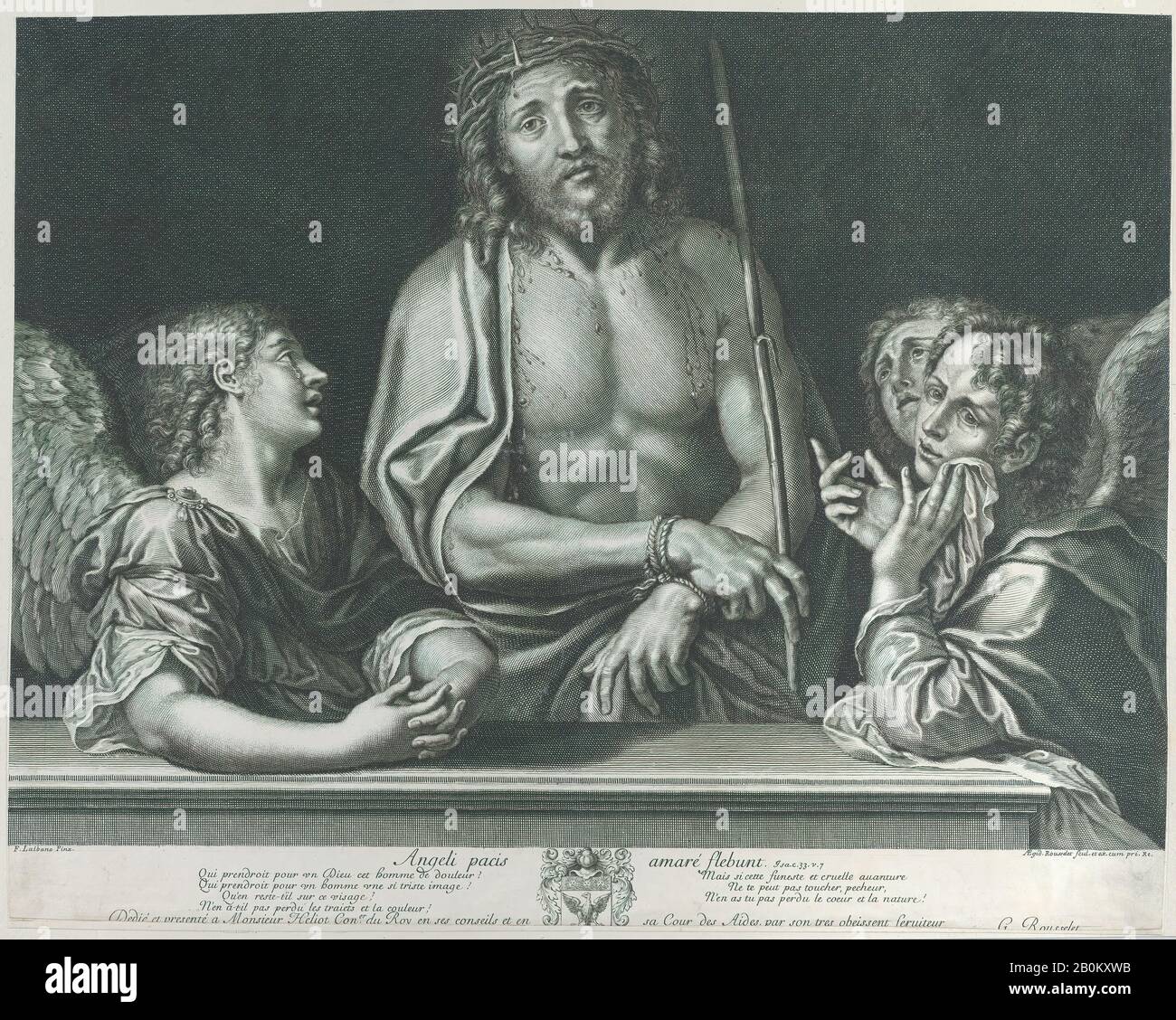 Gilles Rousselet, Ecce Homo Con Tre Angeli, Gilles Rousselet (Francese, Parigi 1614-1686), Dopo Francesco Albani (Italiano, Bologna 1578-1660 Bologna), 1634-86, Incisione, Foglio (Rifilato): 15 1/4 × 19 3/16 In. (38,8 × 48,8 cm), stampe Foto Stock