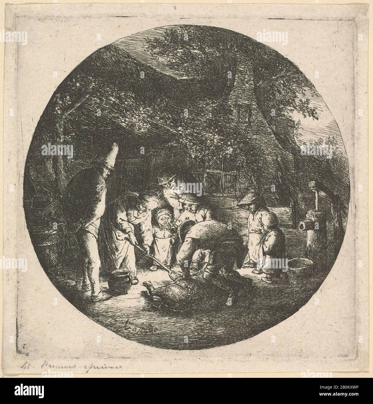 Adriaen van Ostade, Maiale Butcher, Adriaen van Ostade (olandese, Haarlem 1610–1685 Haarlem), 1610–85, Acquaforte, piatto: 4 9/16 x 4 5/8 in. (11,6 x 11,7 cm), foglio: 4 15/16 x 4 15/16 in. (12,5 x 12,5 cm), (immagine rotonda), stampe Foto Stock